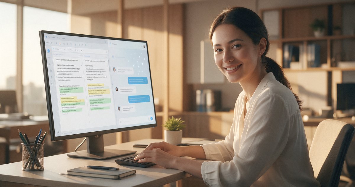 Traduttrice che fa post-editing con un assistente di intelligenza artificiale, Master online in MTPE e IA