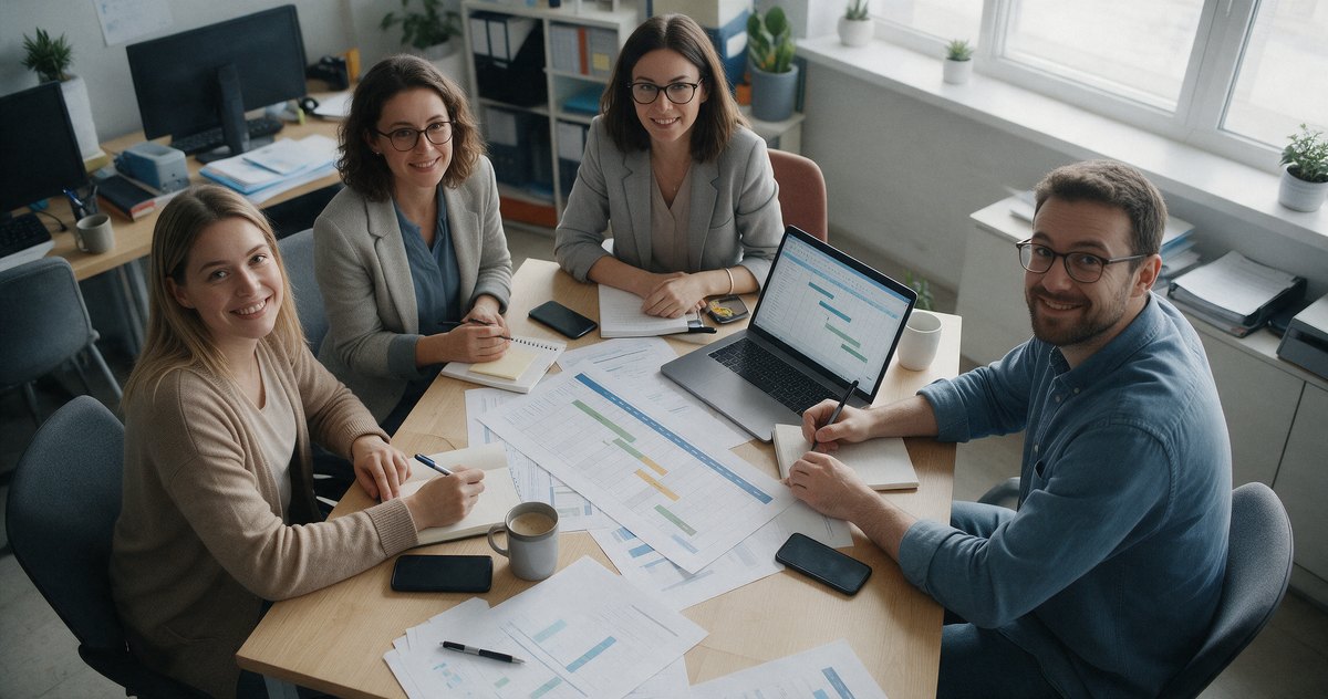 Team di un'agenzia di traduzioni intorno a un diagramma Gantt, Master online in project management linguistico