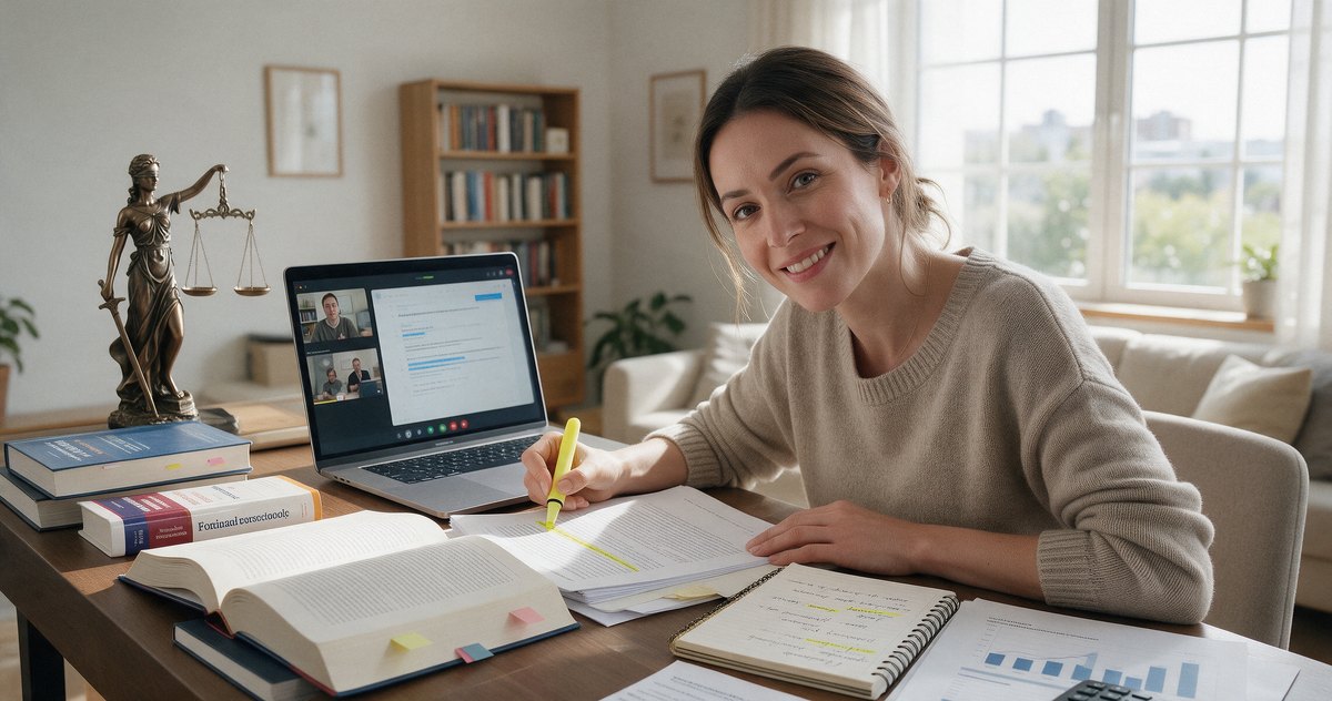 Studentessa che studia traduzione legale con contratto, manuali e statua della giustizia, Master online in traduzione economico-legale