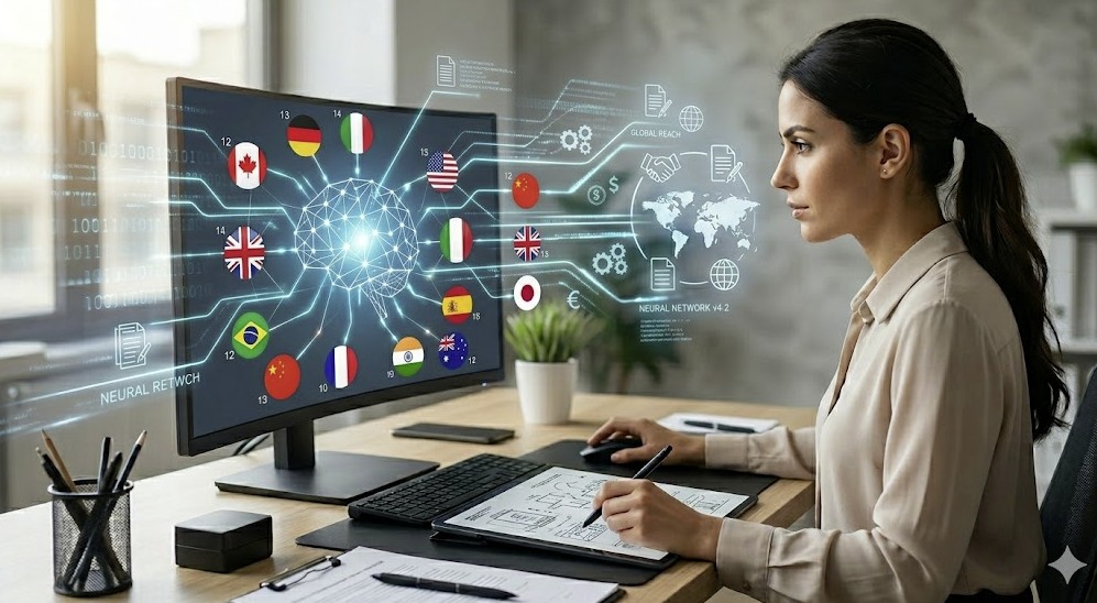 Una linguista professionista revisiona una traduzione automatica neurale su monitor multipiattaforma. L'interfaccia mostra un cervello digitale connesso a bandiere internazionali, simboleggiando la precisione globale del servizio MTPE aziendale.
